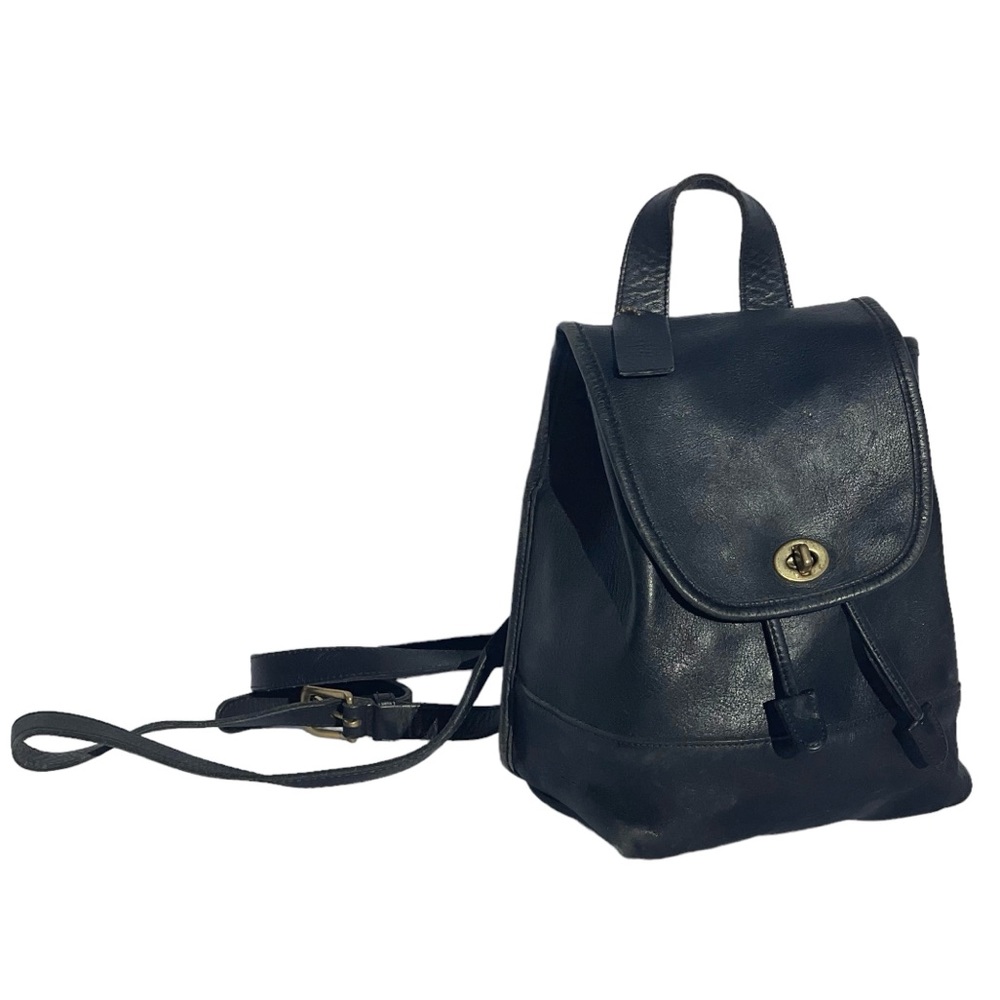 Vintage 90s Coach 9960 Turnkey Brass Black Leather Mini Backpack